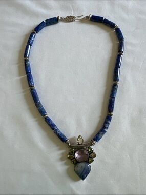 14k white Gold clasp Blue Lapis Beaded Necklace sterling silver beads Pendant